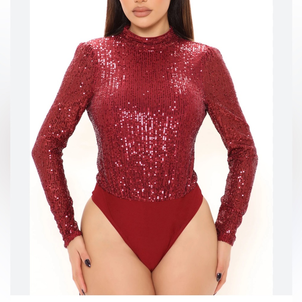 Fashion Nova Burgundy Sequin Bodysuit